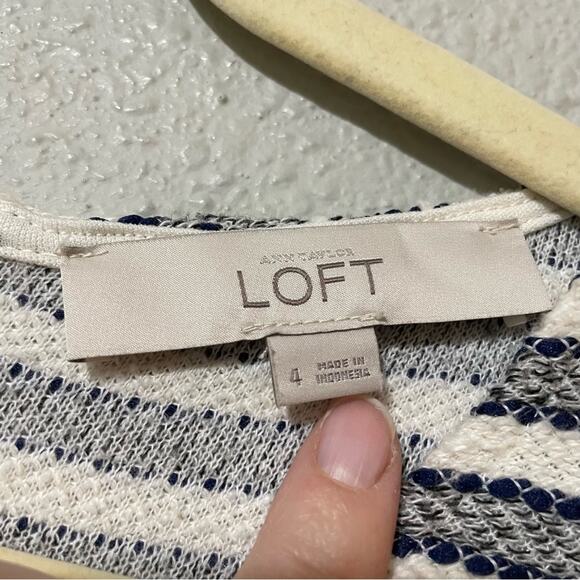 Loft Blue & Grey Striped Knit Ruffled Hem Mini Sheath Dress 4 - Picture 2 of 9